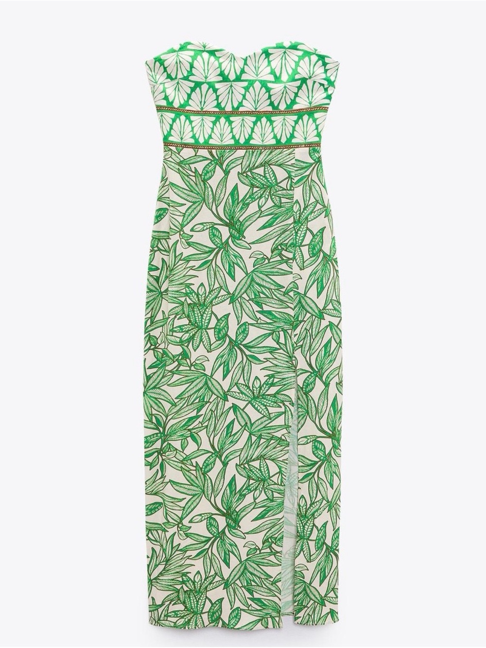 Zara Strapless Cream Dress with Green Leaf Print Size M